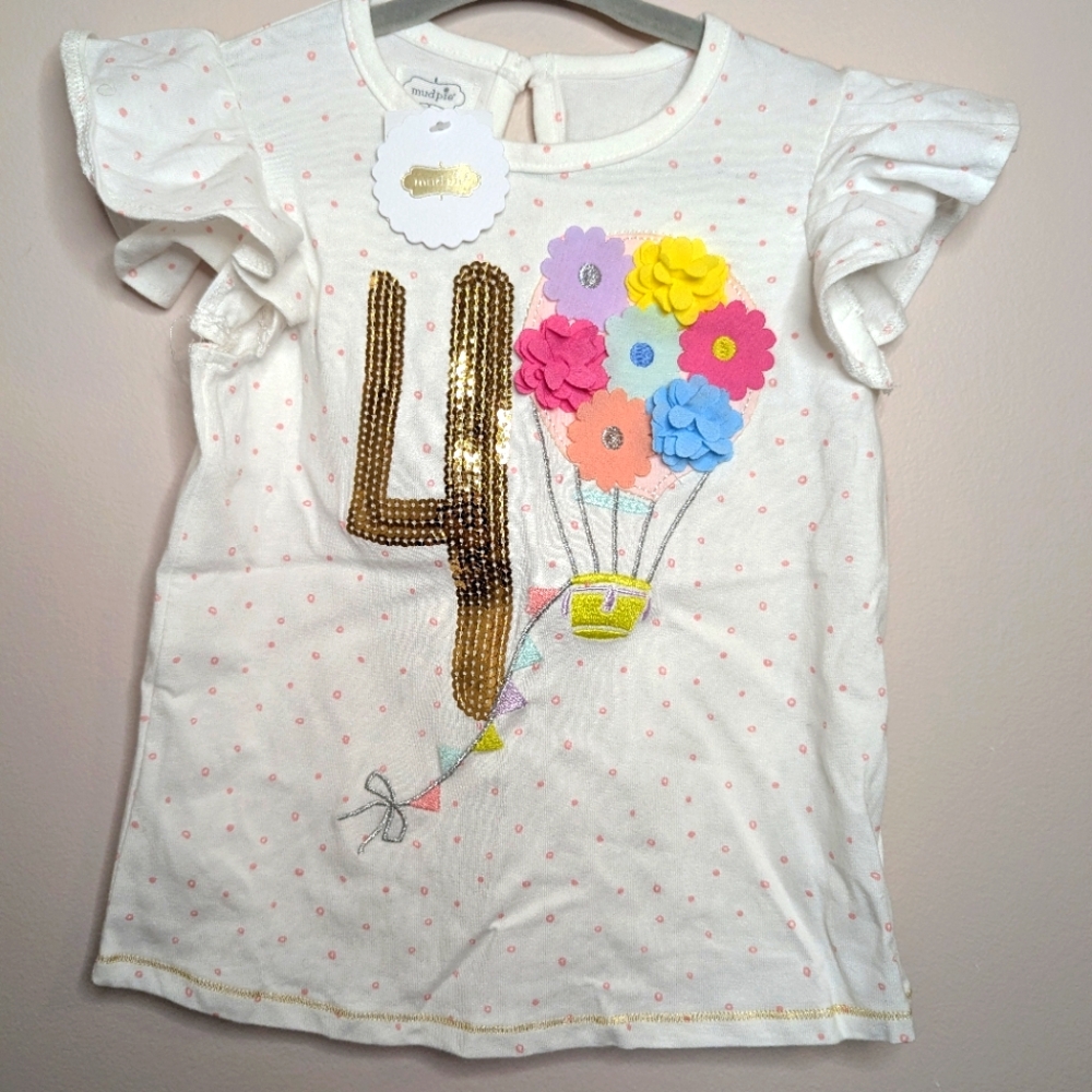 Mud Pie White Shirt with Gold Sequin Number 4 and Colorful Balloon For Birthday